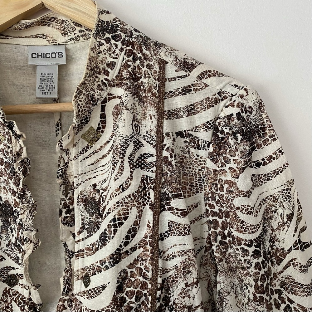 Chicos Linen Blend Ruffled Animal Print Blazer